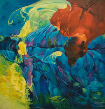 Blauw met angst uit de wolken te vallen, Afmeting 160 x 150cm